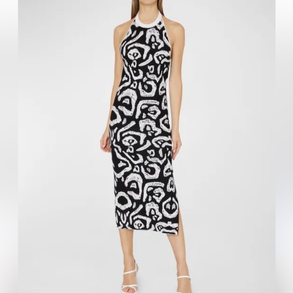 NEW MILLY Black White Cheetah Intarsia Halter Midi Dress Size Petite Bodycon
